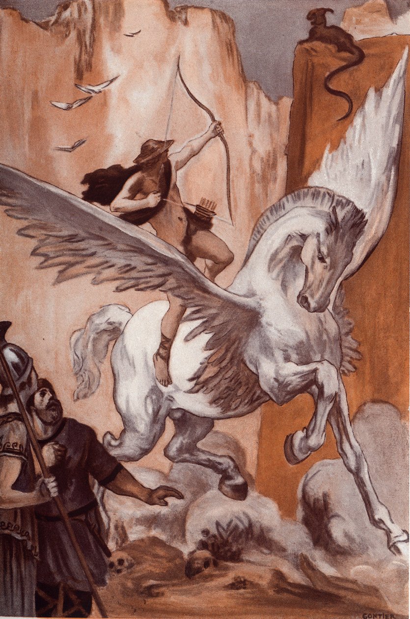 Bellerophons historie: Bellerophon på sin hest Pegase dræber Chimere. Illustration af Clement Gontier (1876-1918) til Homeres "Iliaden" (Omero). Paris, Henri Laurens af Clement Gontier