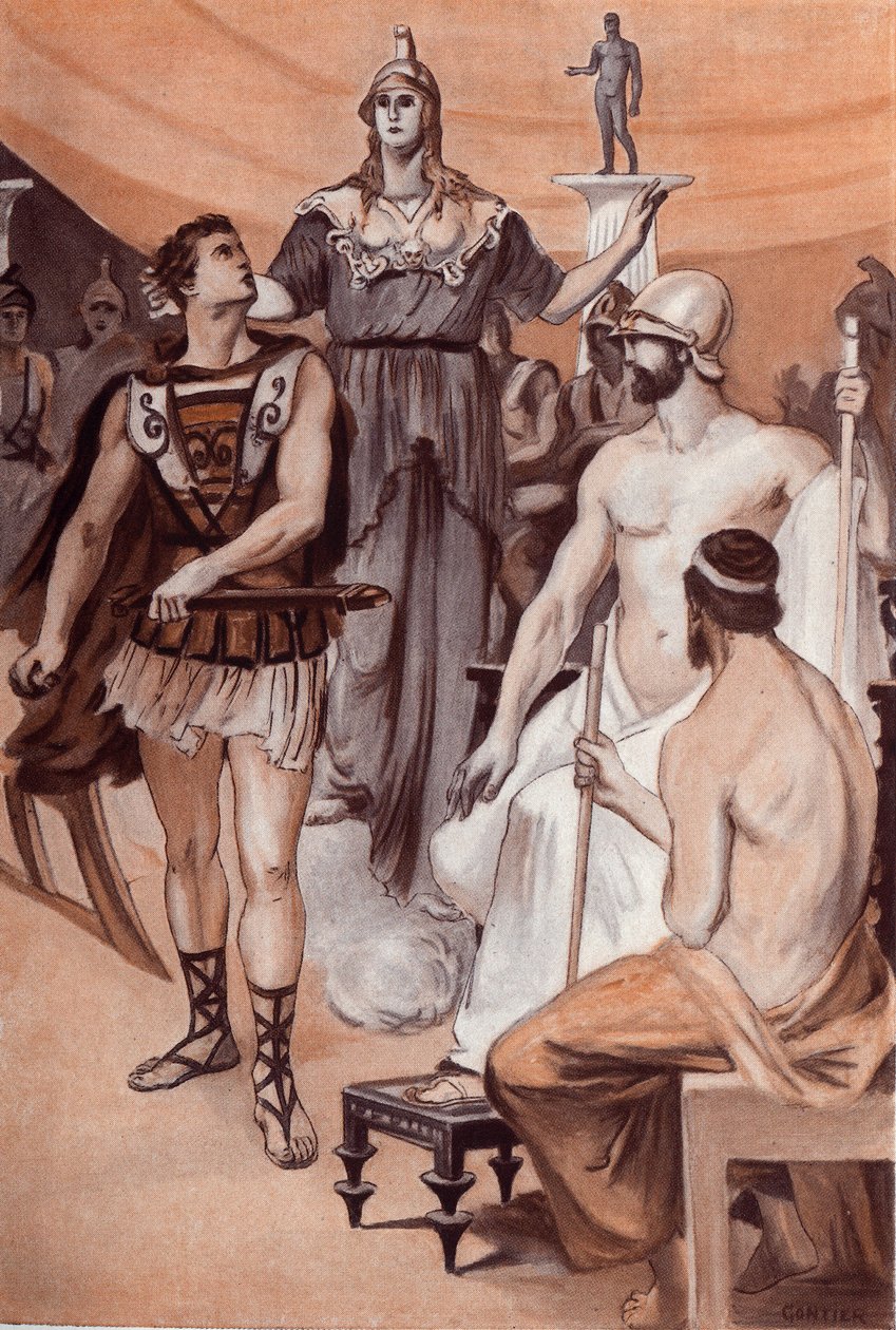 The Querelle of Achilles and Agamemnon: Minerva, der steg ned fra himlen, kom tæt på Achilles og greb ham i håret for at forhindre ham i at trække sit sværd mod Agamemnon. Illustration af Clement Gontier (1876-1918) til Homeres "Iliaden" (Omer) af Clement Gontier