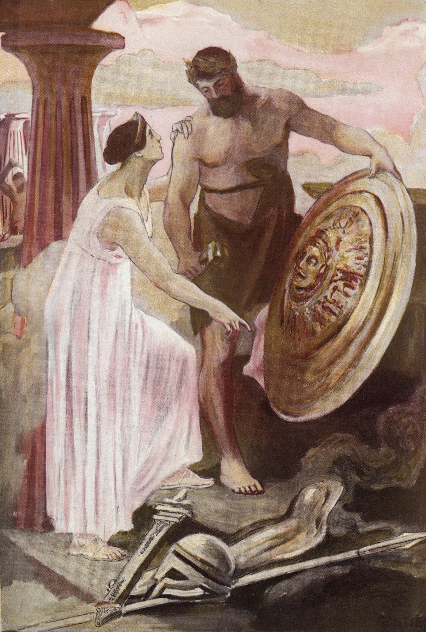 Achilleus-skjoldet skabt af Vulcan. Illustration af Clement Gontier (1876-1918) til Homeres "Iliaden" (Omero). Paris, Henri Laurens af Clement Gontier