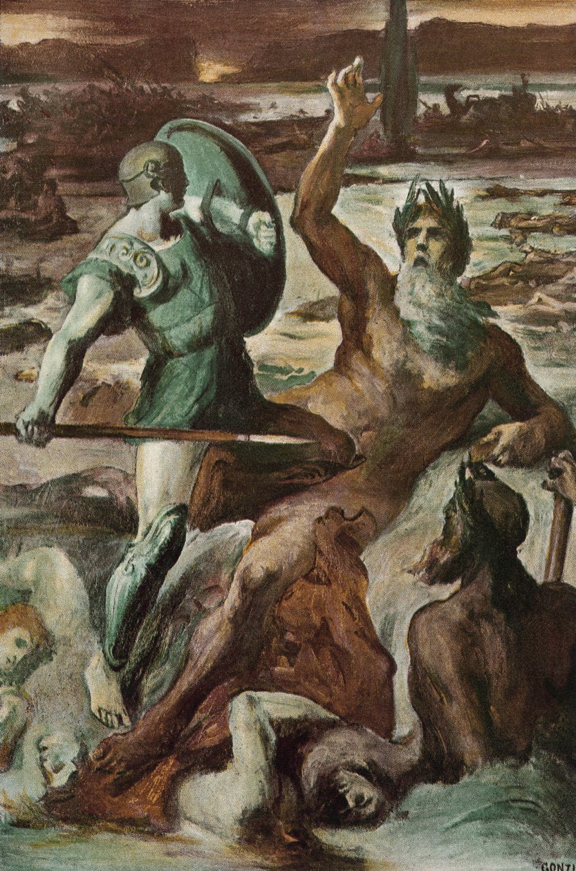 Kampen mellem Achilleus og Scamander-floden. Illustration af Clement Gontier (1876-1918) til Homeres "Iliaden" (Omero). Paris, Henri Laurens af Clement Gontier