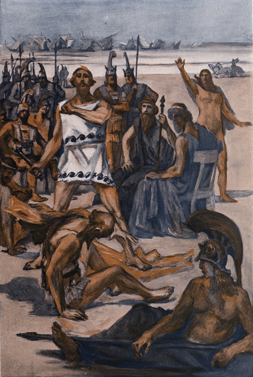 Thersite hits af Ulysses. Illustration af Clement Gontier (1876-1918) til Homeres "Iliaden" (Omero). Paris, Henri Laurens af Clement Gontier