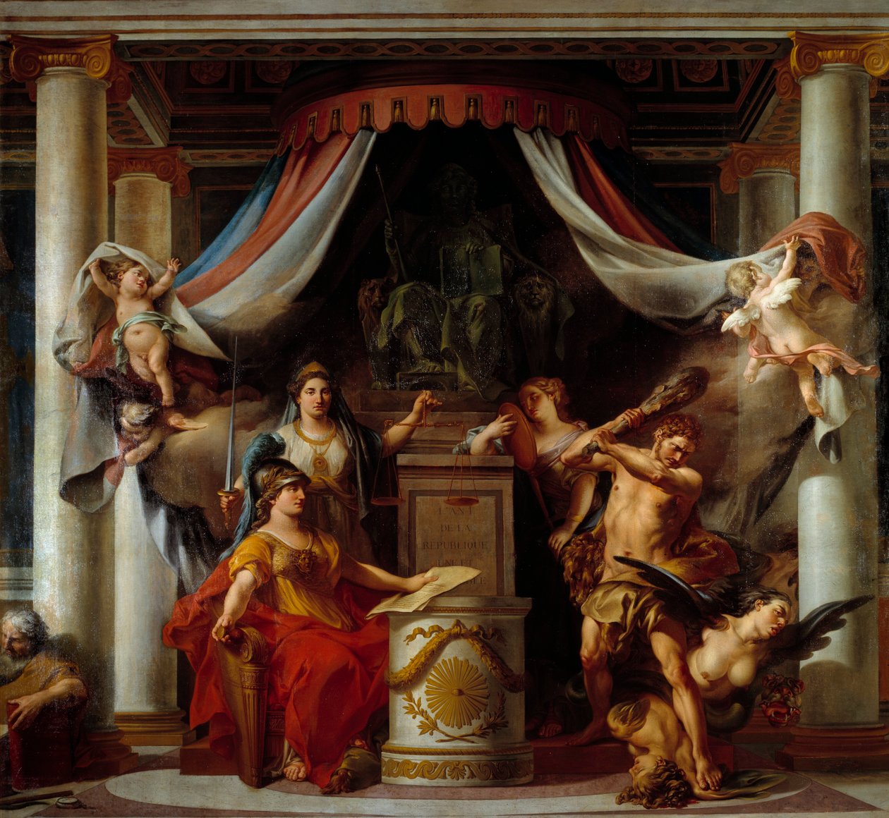 Allegori om revolutionen: i midten overrækker Minerve Hercules hemmeligheden, der afskaffer det gamle regimes laster Maleri af Clement Belle (1722-1806) 1794 Søn. 3,56x3,86 m af Clement Louis Marie Anne Belle