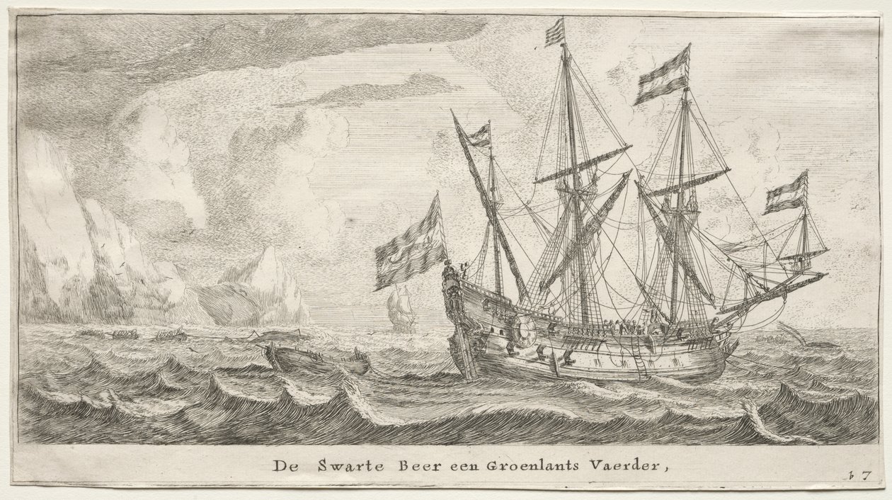 Forskellige skibe og udsigter over Amsterdam (Verscheÿde Schepen en Gesichten van Amstelredam), del II: The Black Bear, a Greenland Whaler af Clement de Jonghe