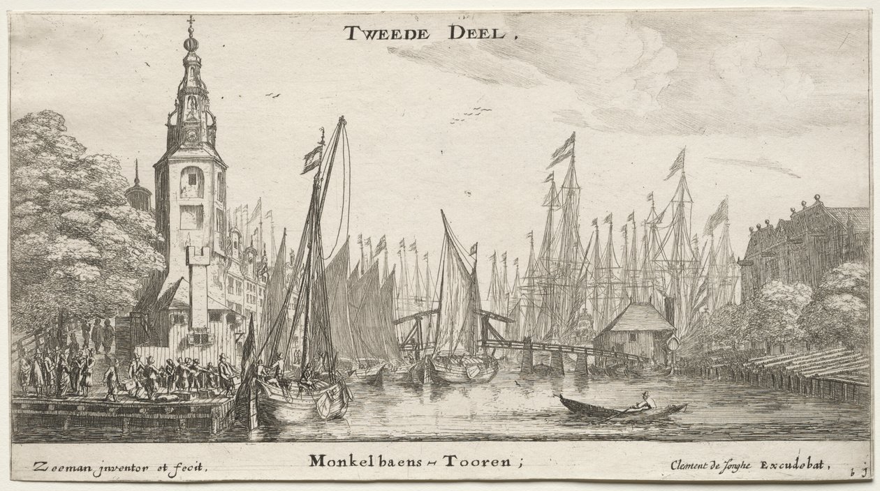 Forskellige skibe og udsigter over Amsterdam (Verscheÿde Schepen en Gesichten van Amstelredam), del II: Kanal nær Amsterdam og Monkeltårnet af Clement de Jonghe
