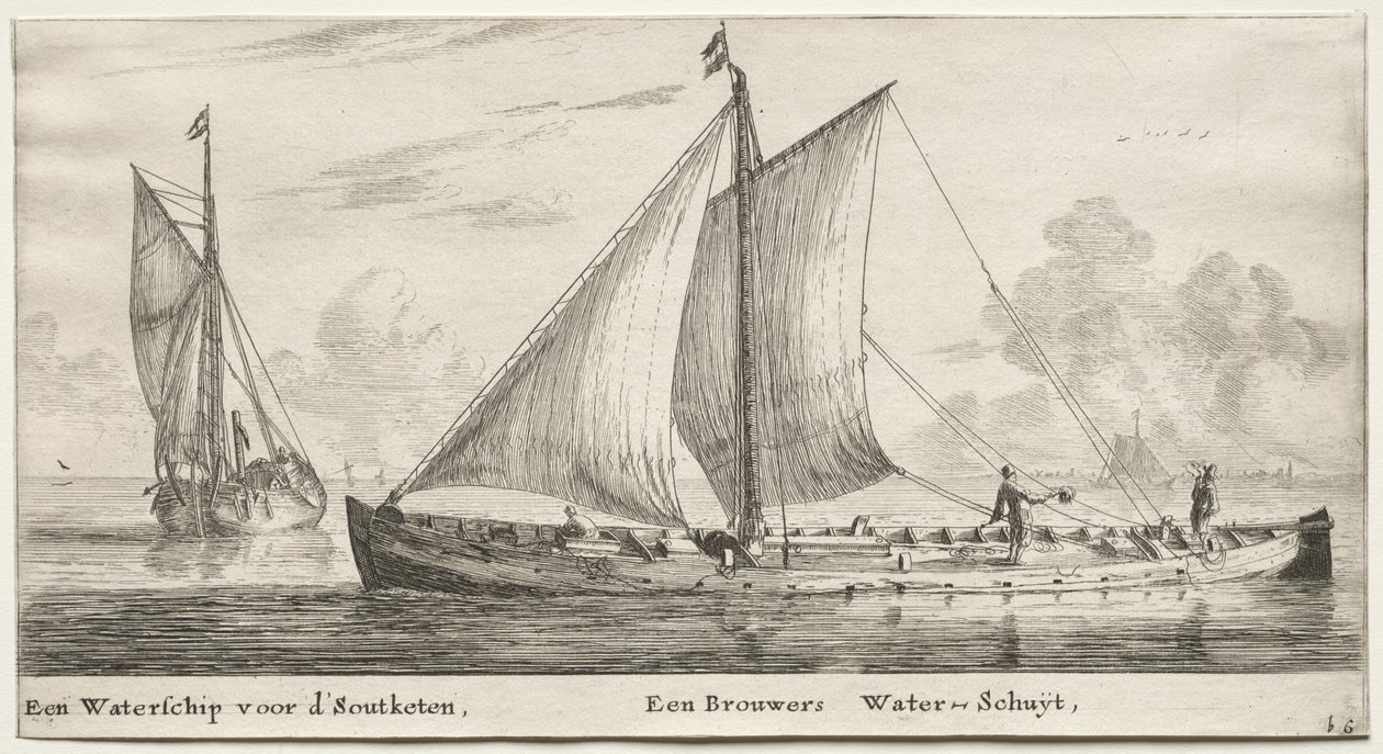 Forskellige skibe og udsigter over Amsterdam (Verscheÿde Schepen en Gesichten van Amstelredam), del II: Et vandskib på vej til Soutketen. Et Brewer