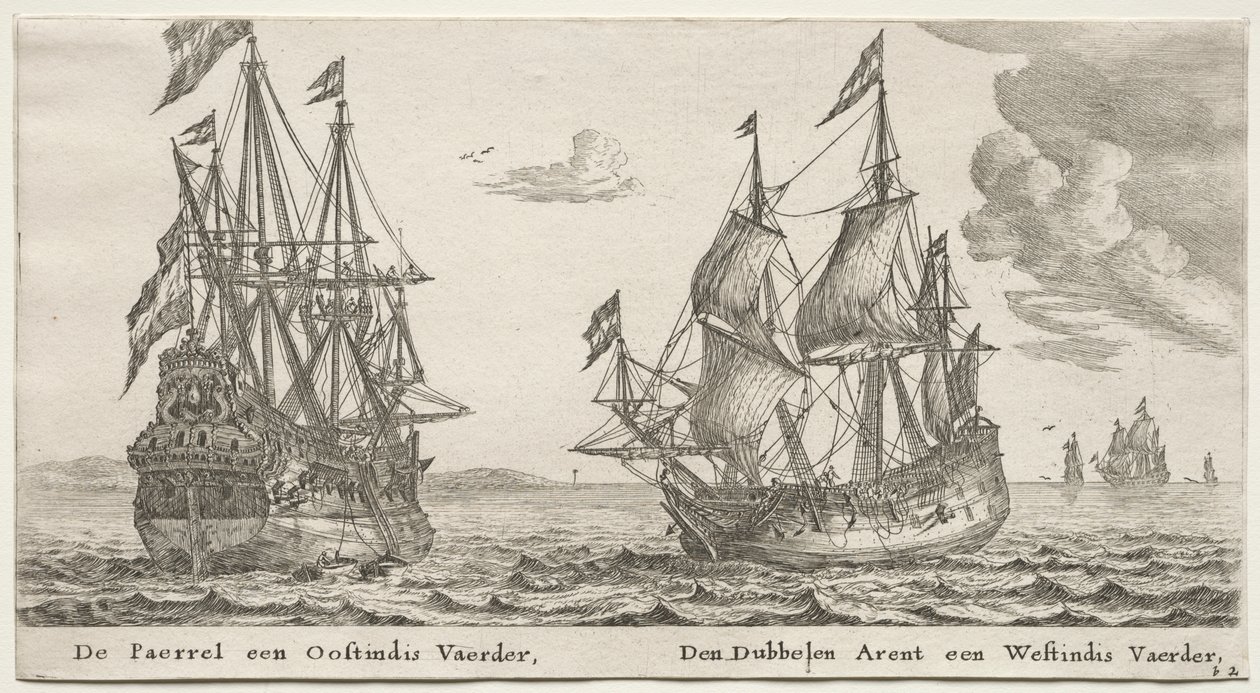 Forskellige skibe og udsigter over Amsterdam (Verscheÿde Schepen en Gesichten van Amstelredam), del II: Perlen og ostindiefareren, Den dobbelte ørn, en vestindiemand af Clement de Jonghe