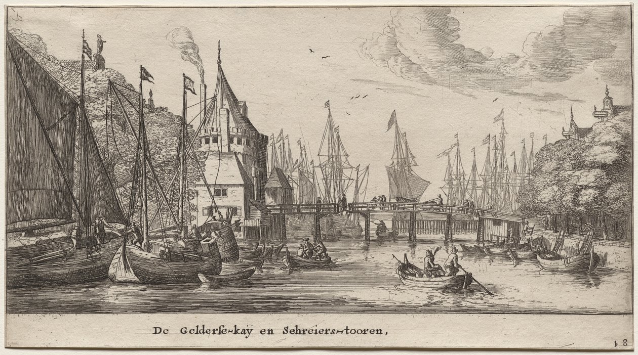 Forskellige skibe og udsigter over Amsterdam (Verscheÿde Schepen en Gesichten van Amstelredam), del II: Geldersche Quai og Schreiers Tower af Clement de Jonghe