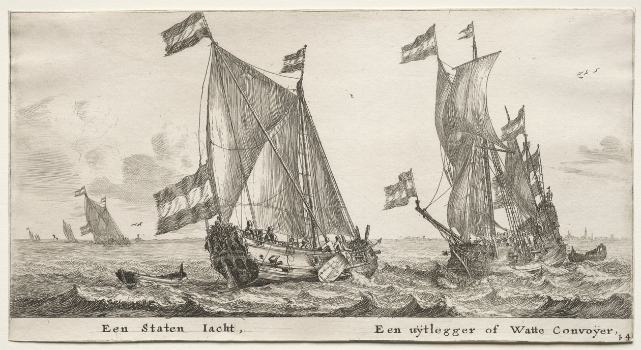 Forskellige skibe og udsigter over Amsterdam (Verscheÿde Schepen en Gesichten van Amstelredam), del II: Dutch Admiralty Yacht. Et Vagtskib af Clement de Jonghe