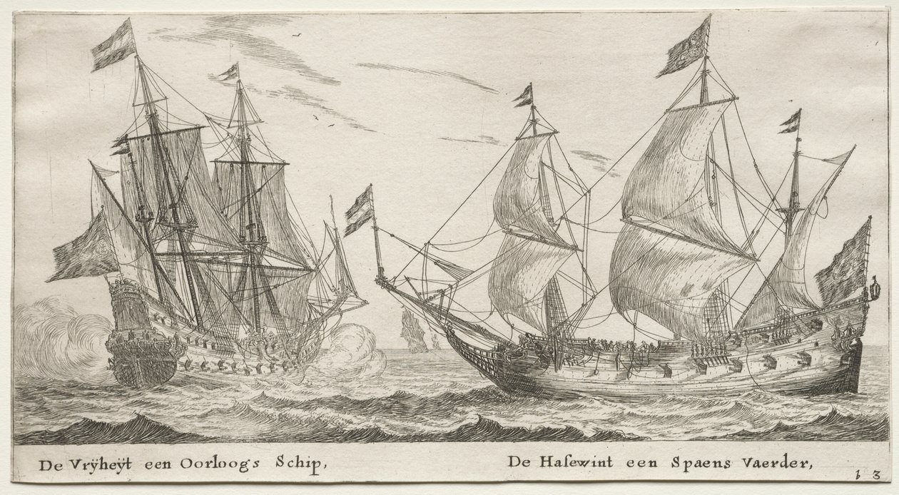 Forskellige skibe og udsigter over Amsterdam (Verscheÿde Schepen en Gesichten van Amstelredam), del II: Friheden, en krigsmand. Ulvehunden, et spansk fartøj af Clement de Jonghe