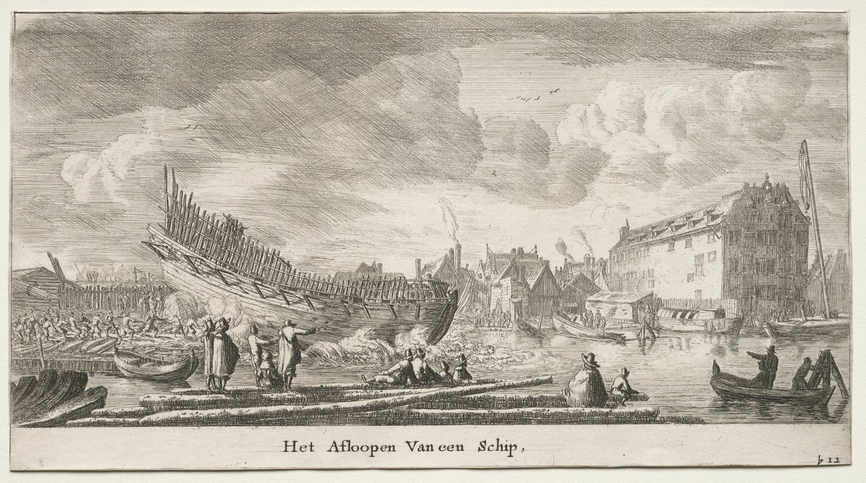 Forskellige skibe og udsigter over Amsterdam (Verscheÿde Schepen en Gesichten van Amstelredam), del II: Søsætning af et skib af Clement de Jonghe