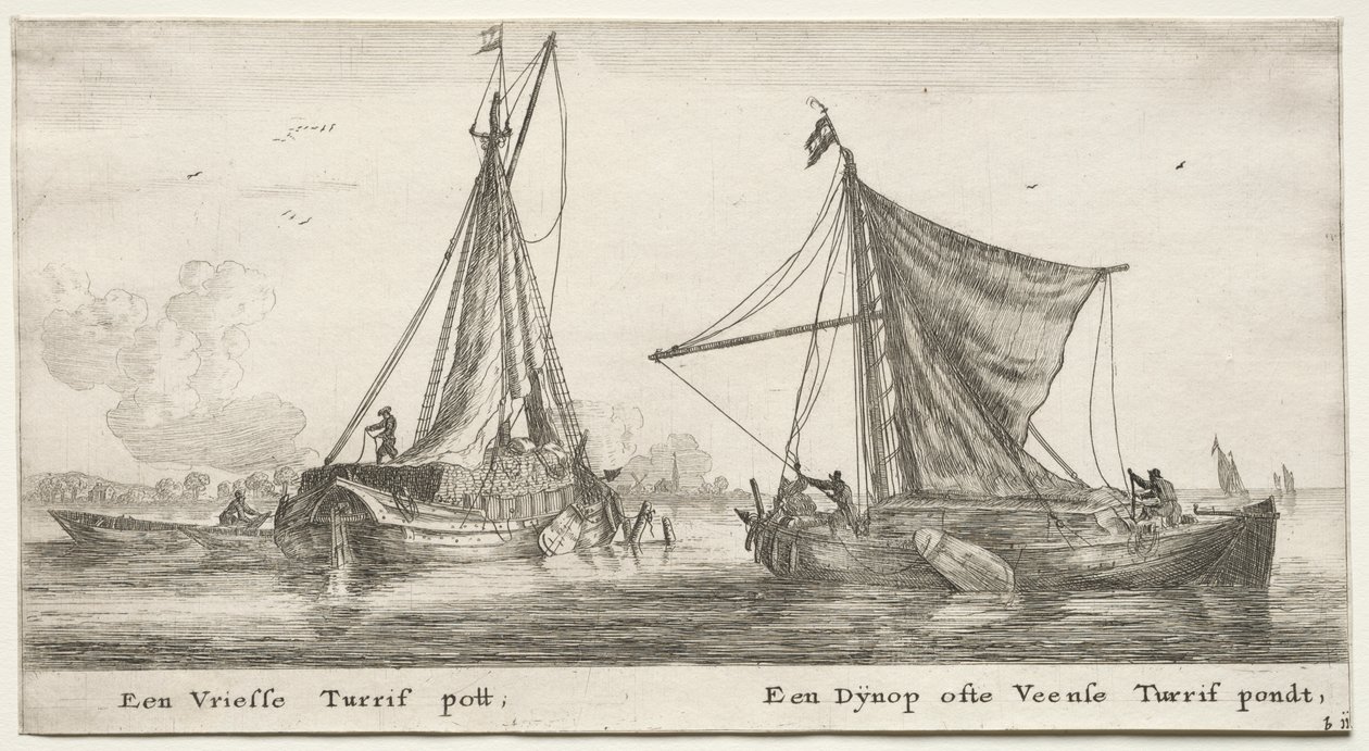 Forskellige skibe og udsigter over Amsterdam (Verscheÿde Schepen en Gesichten van Amstelredam), del II: En frisisk tørvepram. Dÿnop, nær Veensche Tørvedammen af Clement de Jonghe