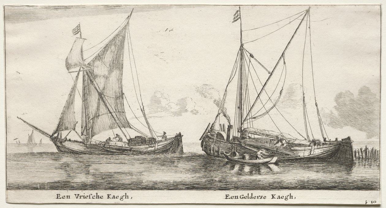 Forskellige skibe og udsigter over Amsterdam (Verscheÿde Schepen en Gesichten van Amstelredam), del II: En frisisk bilander. En Geldersche Bilander af Clement de Jonghe