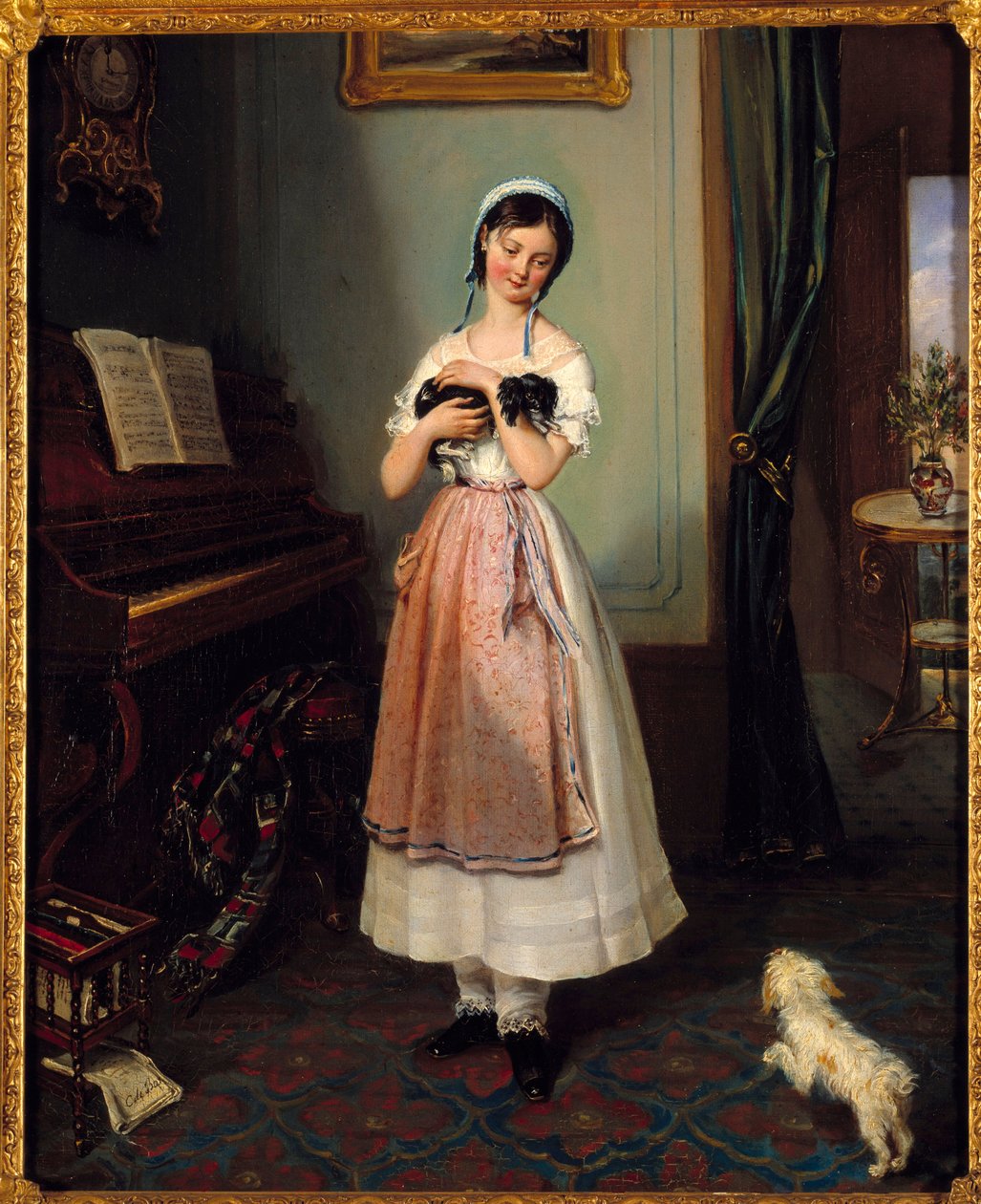 En ung pige i et borgerligt interiør med to hunde. Maleri af Clementine de Bar (1807-1856) Paris fra det 19. århundrede, Galerie Garoche af Clementine de Bar