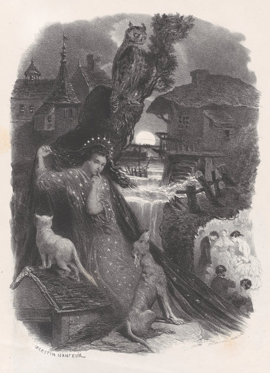 Nat, vignet af pige i 1700-talsdragt, der plukker roser på verso, ca. 1830-65. af Célestin Nanteuil