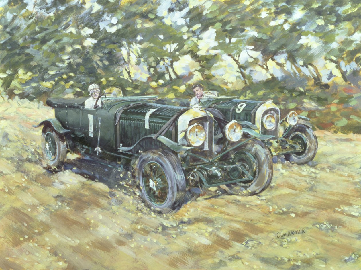 1929 Le Mans Winning Bentleys (akryl på lærred) af Clive Metcalfe