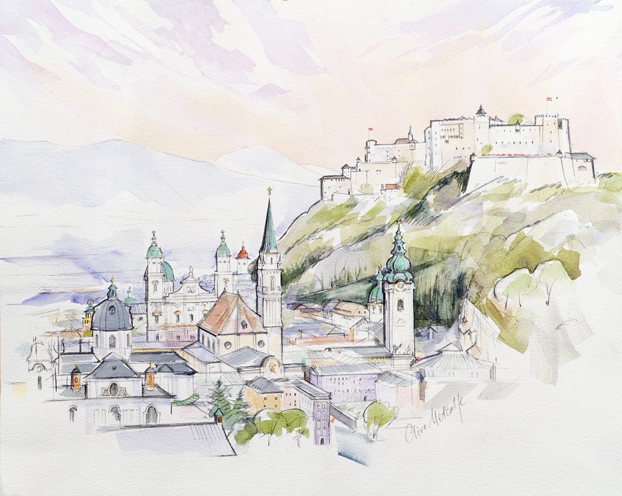 Salzburg Sunrise (wc på papir) af Clive Metcalfe