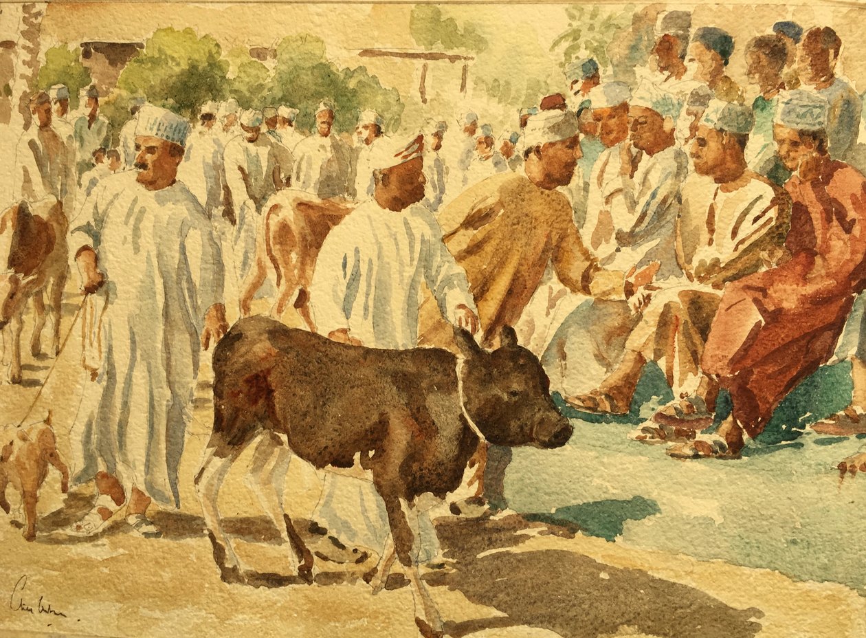 Kvægmarked, Nizwa, Oman (1), 2018 (akvarel) af Clive Wilson