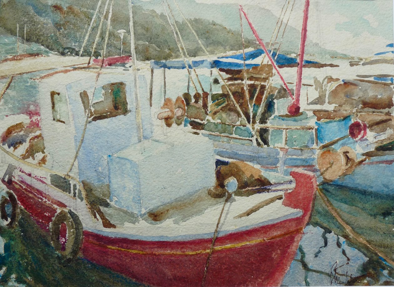 Fiskerbåde, Tyrkiet, 2022 (akvarel) af Clive Wilson