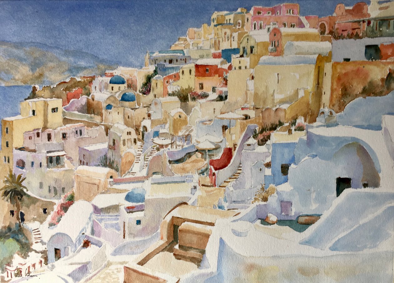 Santorini, Oia, 2018 (akvarel) af Clive Wilson