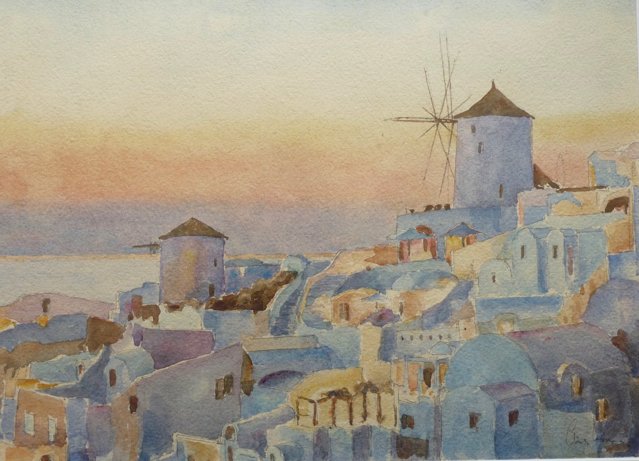 Santorini Oia – Solnedgang, Oplysningstid, 2019 (akvarel) af Clive Wilson
