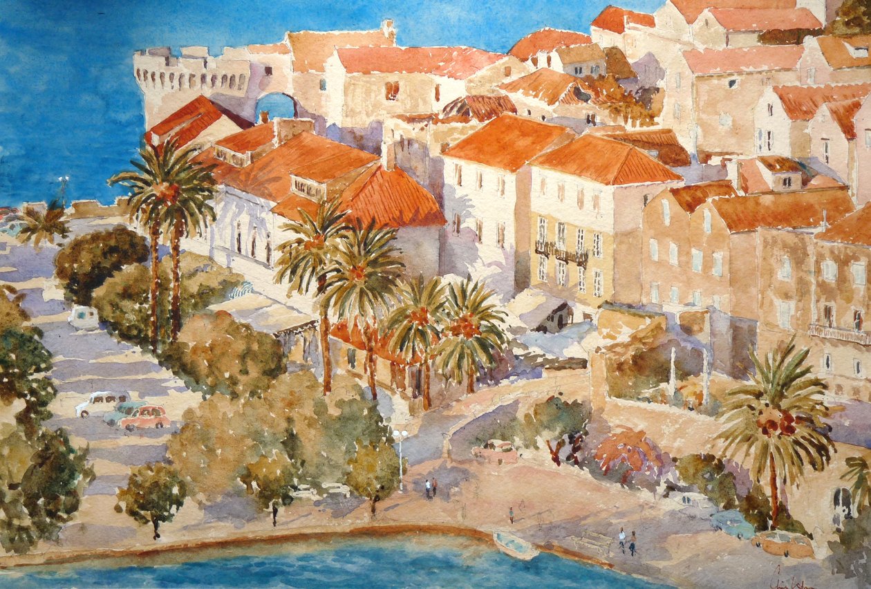 Solnedgang, Korçula havn, 2011 (akvarel) af Clive Wilson
