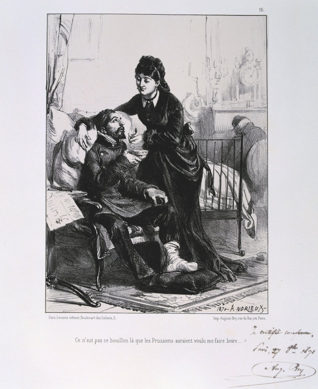 Fransk-preussisk krig 1870-1871: En såret soldat bliver plejet og næret. Fra en serie litografier af Clement August Andrieux om Gardes Nationales. af Clément Auguste Andrieux