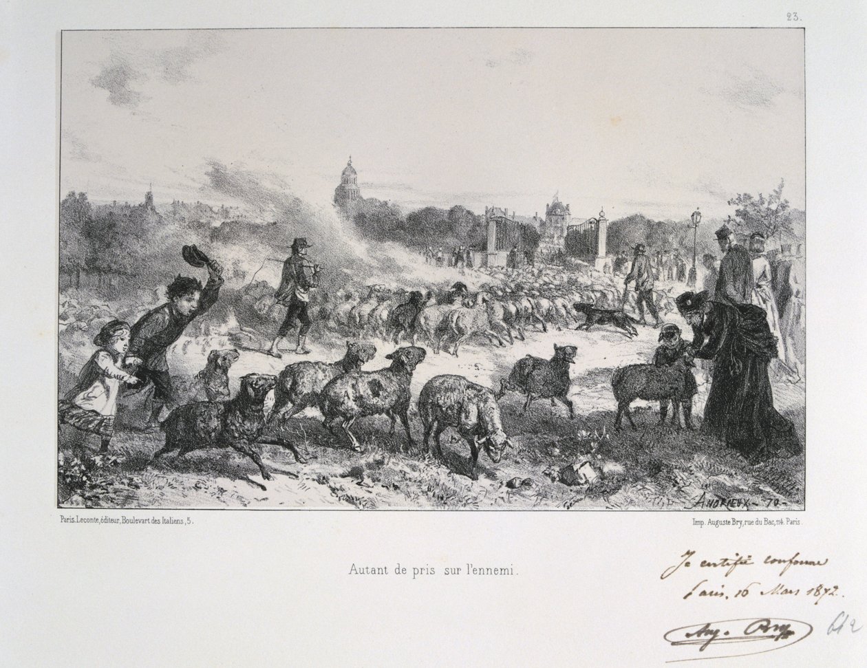 Fransk-preussisk krig 1870-1871: At drive en flok får væk for at nægte dem at falde i hænderne på preusserne. Fra en serie litografier af Clement August Andrieux om Gardes Nationales. af Clément Auguste Andrieux