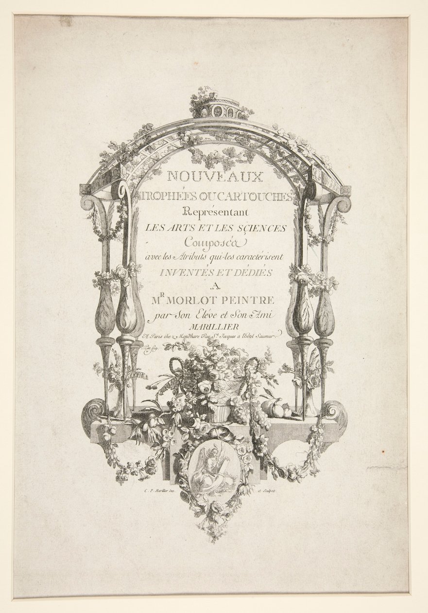 Titelside fra nye trofæer eller kartoucher, der repræsenterer kunst og videnskab af Clément Pierre Marillier