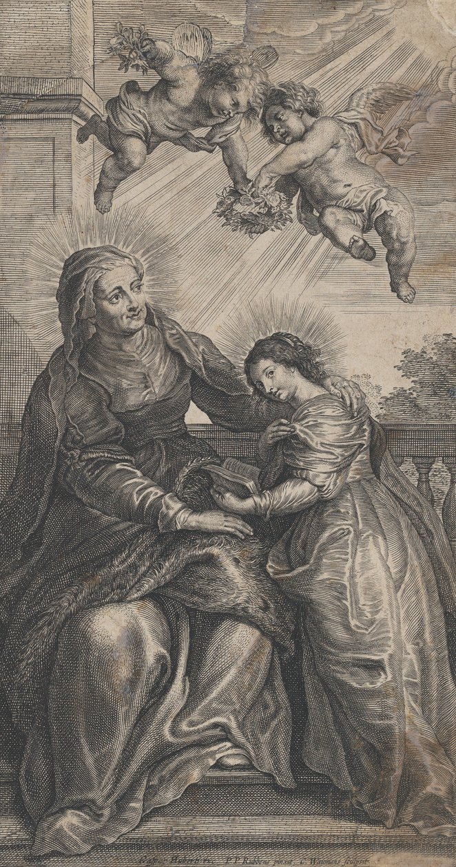 Jomfruens uddannelse, med Sankt Anne og Jomfru Maria, der læser med to p..., ca. 1700-24. af Coenrad Waumans
