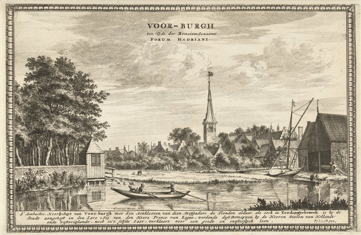 Udsigt over Voorburg Voor-burgh på romernes tid kaldet Forum Hadriani (titel på objekt) af Coenraet Decker