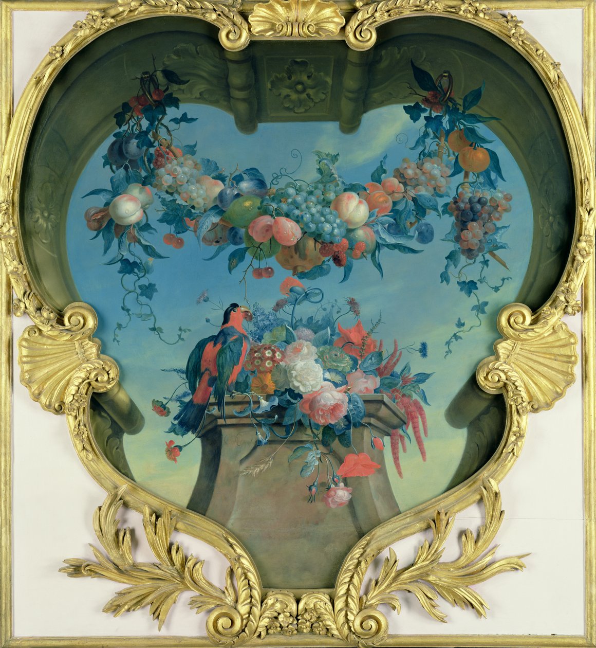 Feston af frugter hængende over en piedestal med blomster og en rød-grøn papegøje, ca. 1730-31 af Coenraet Roepel