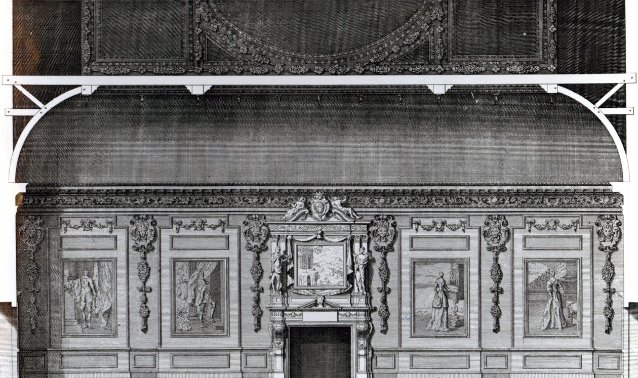 Udsnit af den store spisestue i Wilton, efter et design af Inigo Jones, indgraveret af H. Hulsbergh, udgivet i 