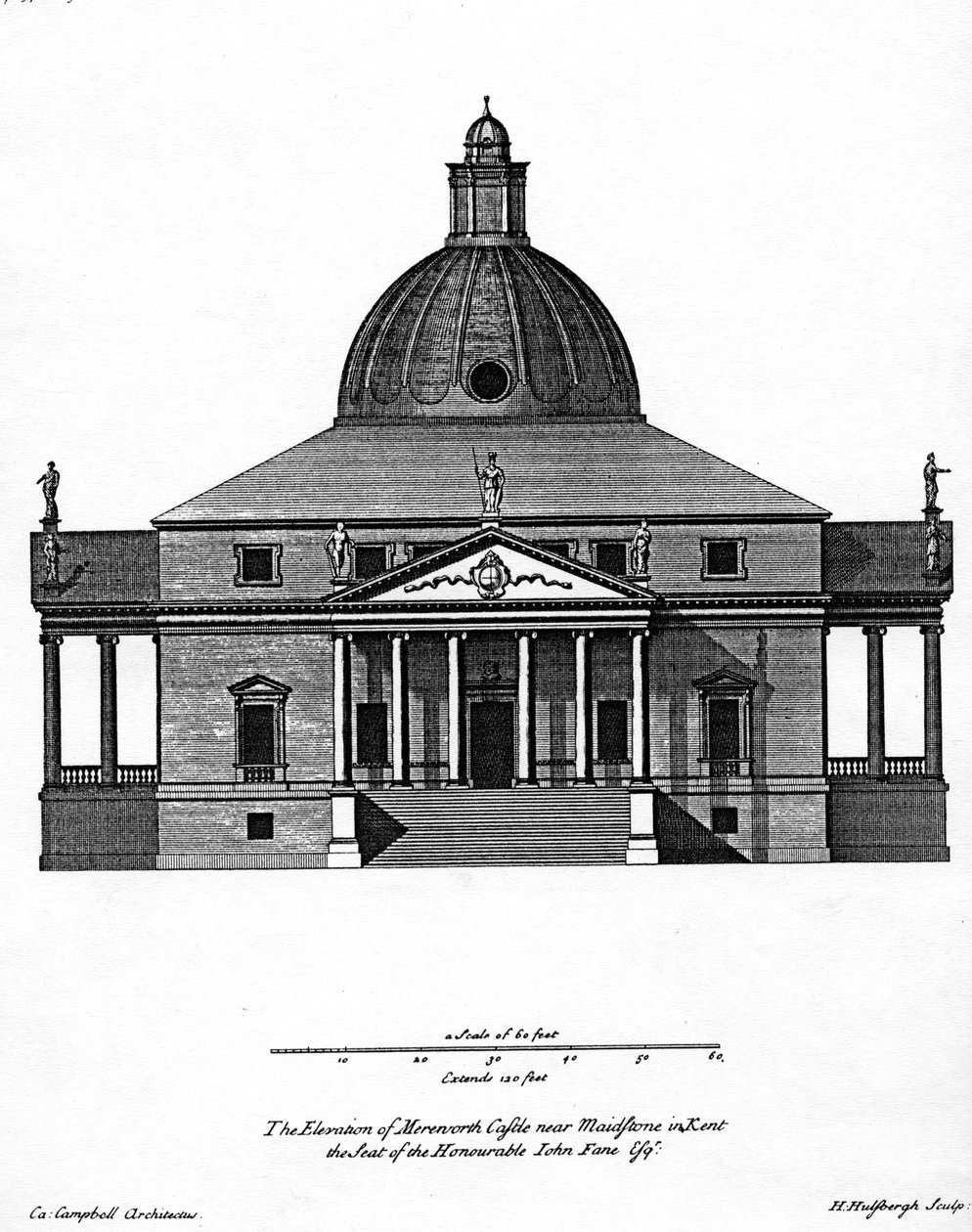 Forhøjning af Mereworth Castle, indgraveret af H. Hulsbergh, c.1722-24 af Colen Campbell