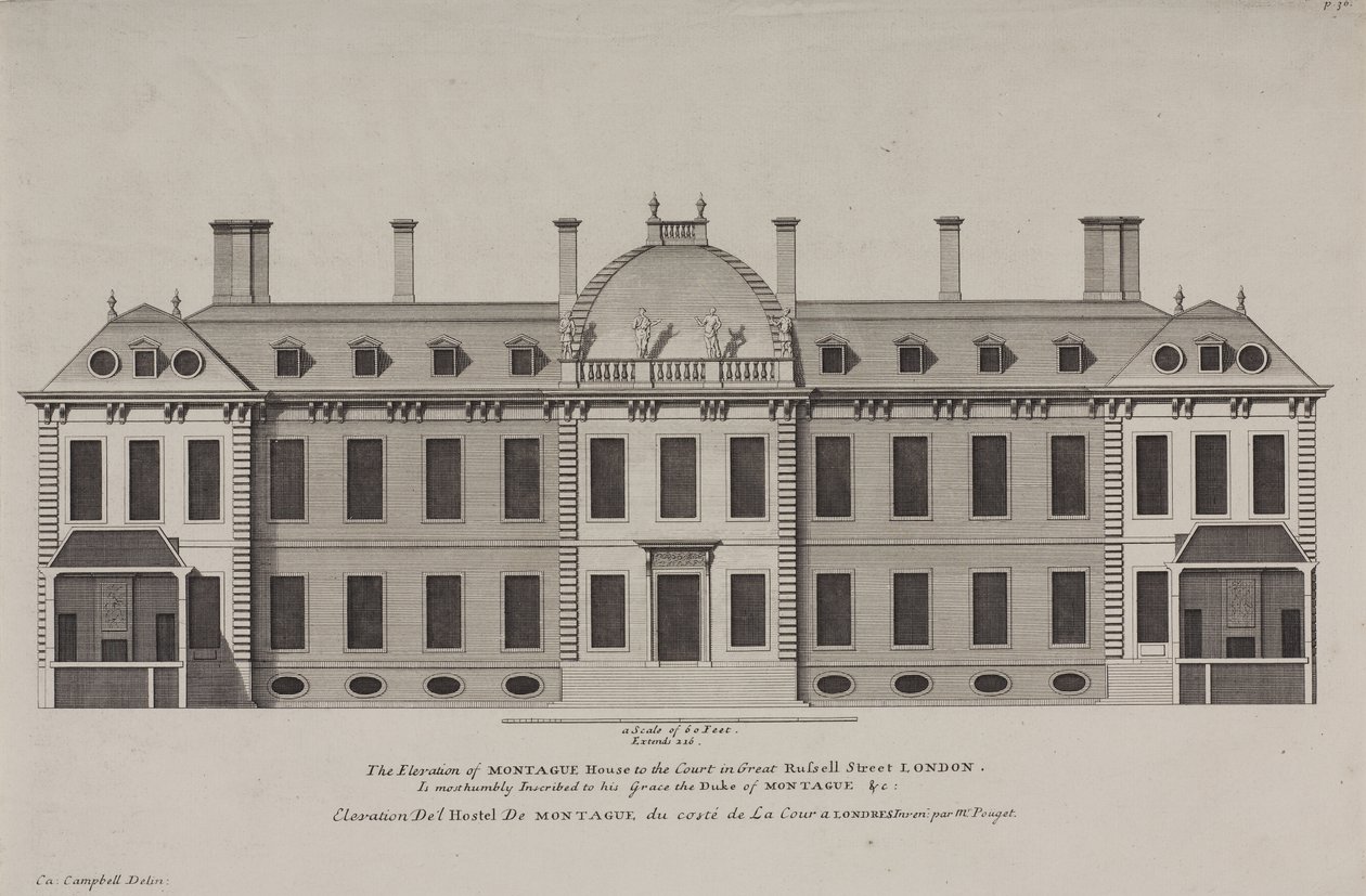 Forhøjning af Montague House mod retten i Great Russell Street, Holborn, ca. 1725 (stik) af Colen Campbell