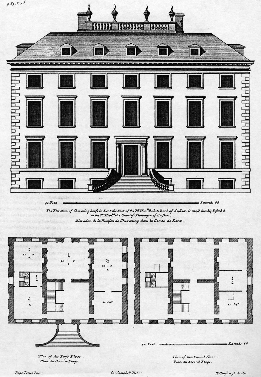 The Elevation of Chevening House i Kent, indgraveret af H. Hillsburgh, illustration fra 