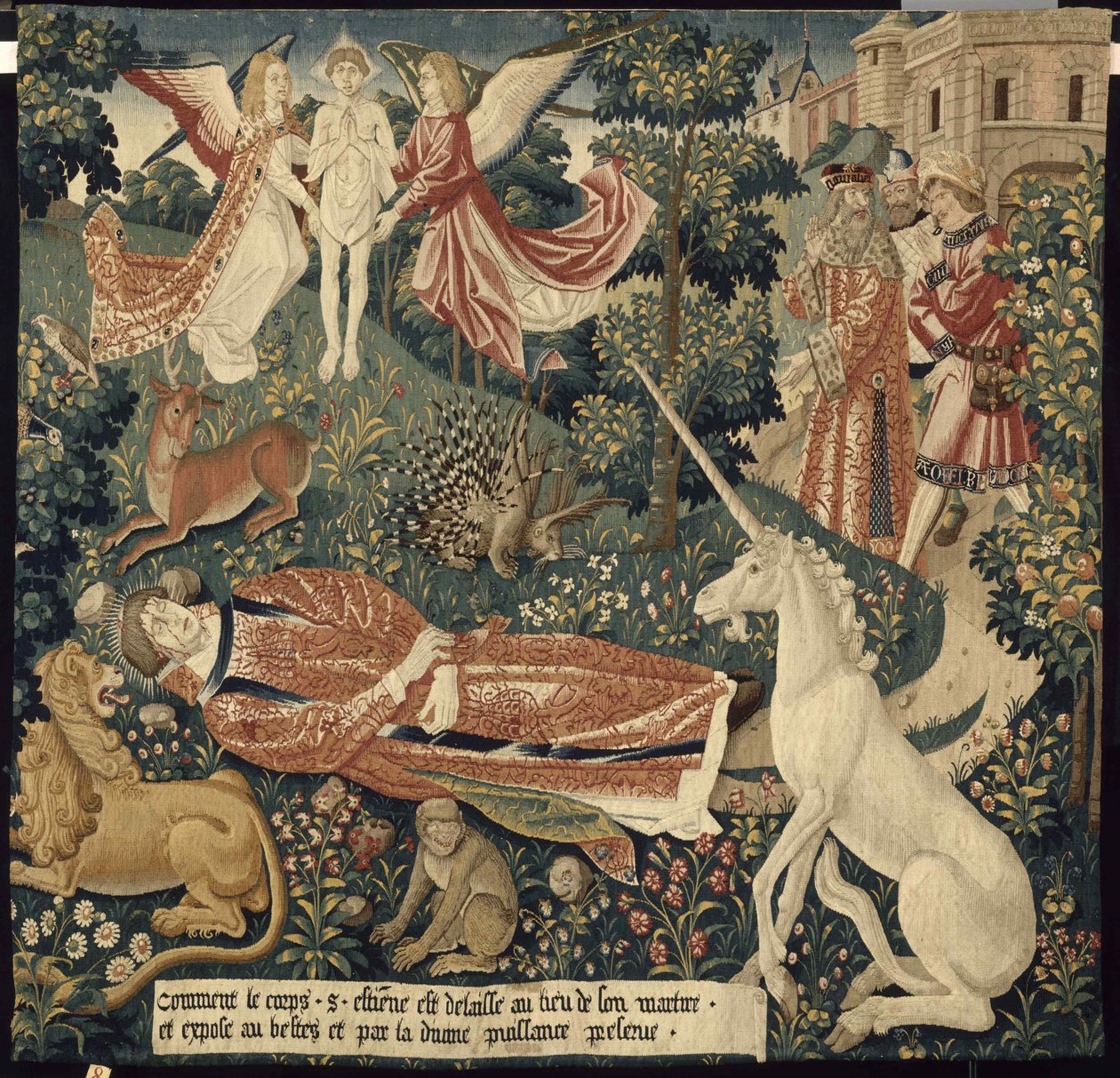 Enhjørning. Fra: The Hanging of Saint Stephen. Scene 8: Liget af martyren udsat for dyrene, ca. 1500. af Colijn de Coter after