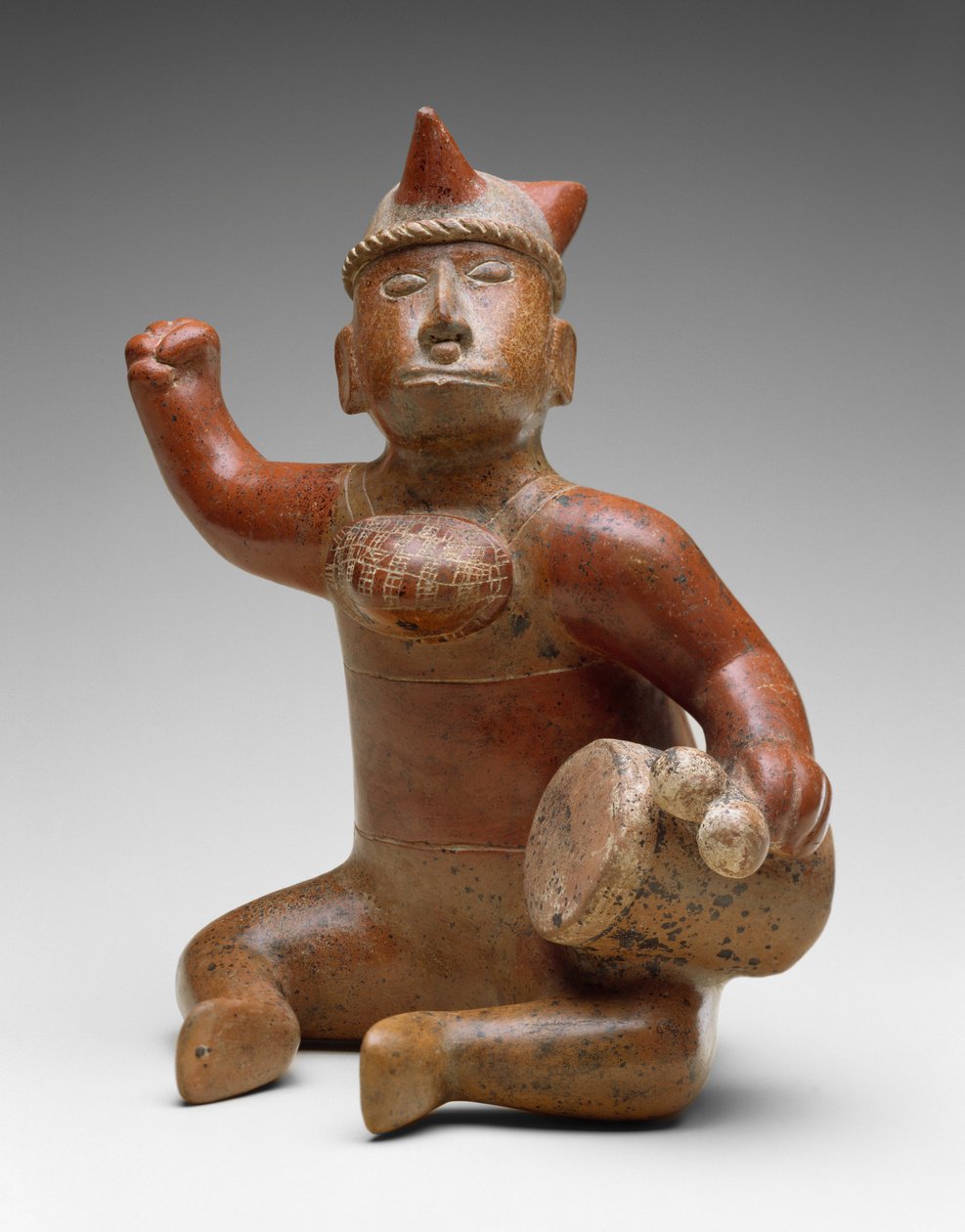 Siddende musiker, Mexico, 100 f.Kr.-300 e.Kr. (lertøj med bichromt slip-maleri) af Colima Culture
