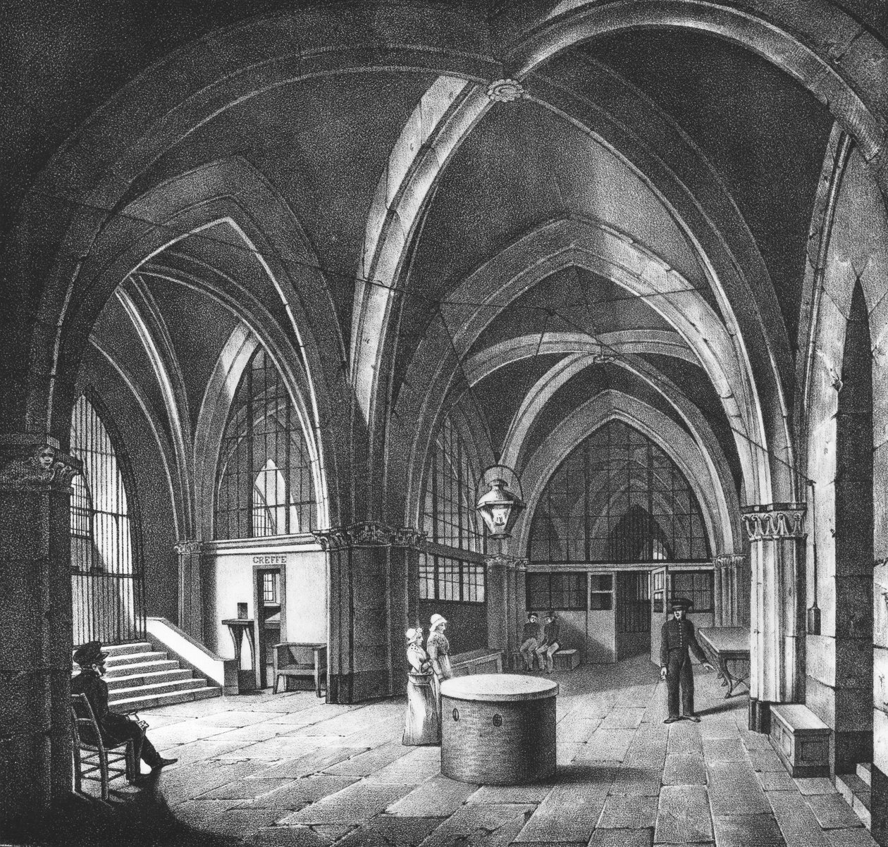 Indvendig visning af indgangsrummet ved Conciergerie-fængslet, indgraveret af Alphonse Urruty (1800-70) c.1831 af Collard