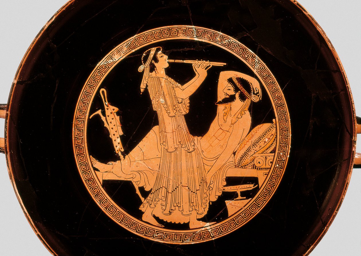 Banket- og dobbeltfløjtespiller, detalje fra kylix eller Attic rødfigur kop, ca. 490 f.Kr. (terracotta) af Colmar Painter