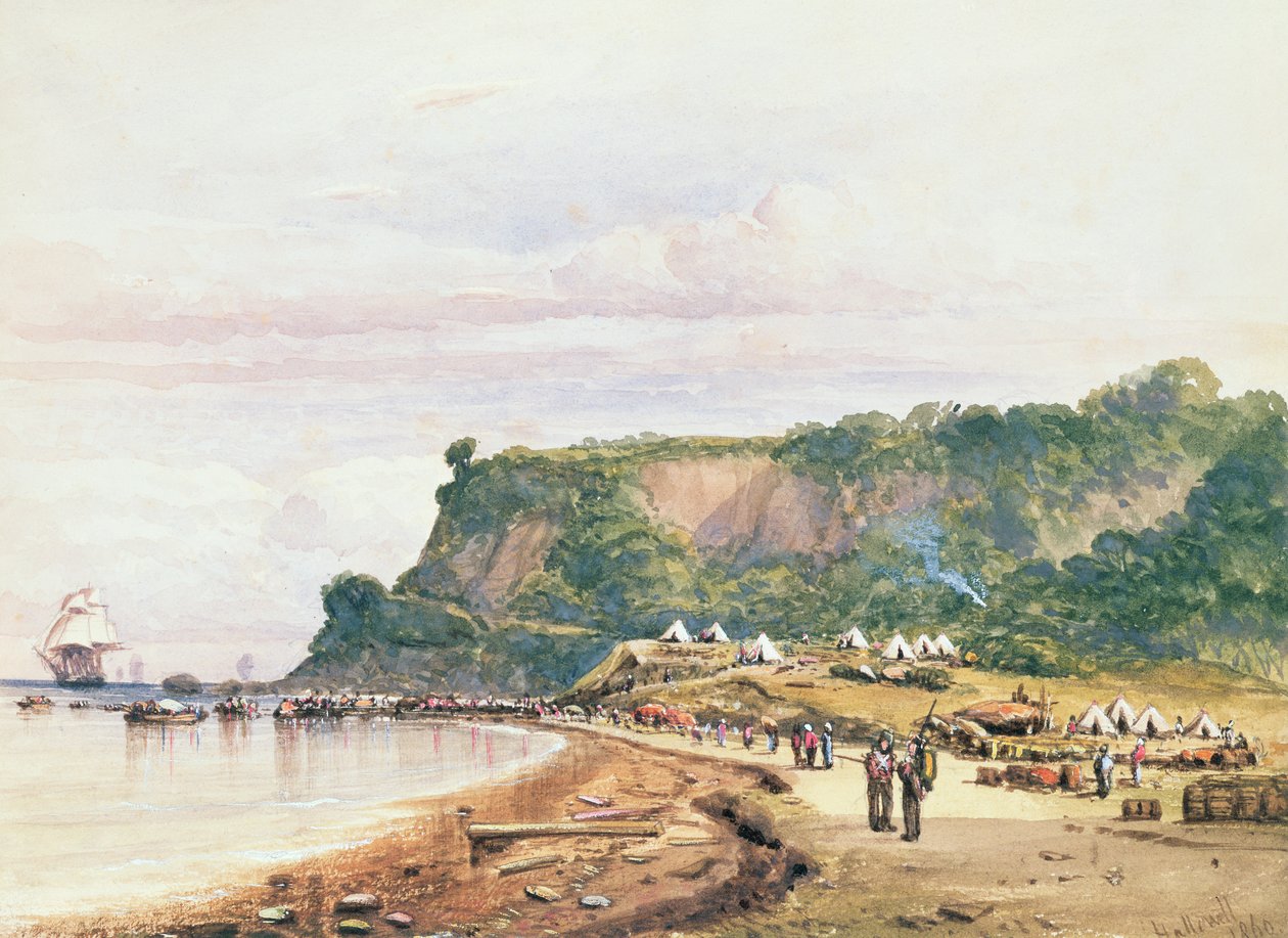 Landgang af de britiske og franske tropper i Varua ved Sortehavet fra H.M.S.Bellerophon den 17. juli 1854 i Krimkrigen (akvarel) af Colonel Ben Hallewell