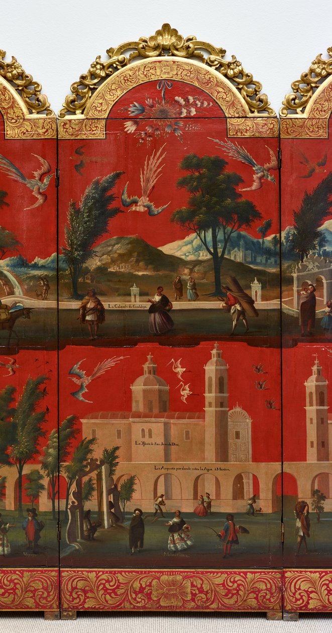 Biombo with Views of Mexico City (olie på rød maki-e-lak på panel, med forgyldt træmontering og linnedbagside) af Colonial Spanish