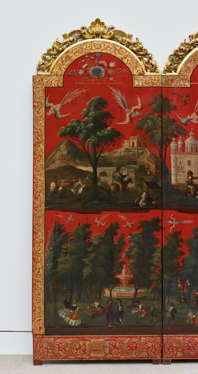 Biombo with Views of Mexico City (olie på rød maki-e-lak på panel, med forgyldt træmontering og linnedbagside) af Colonial Spanish