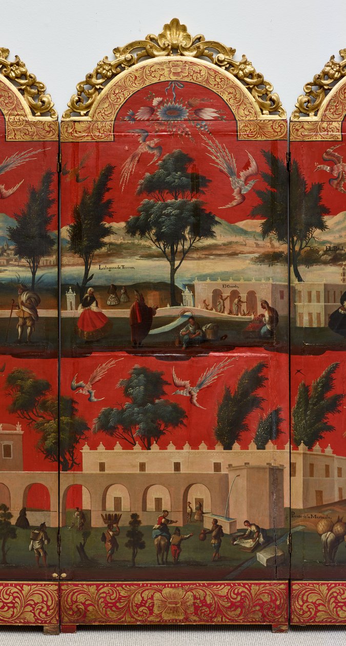 Biombo with Views of Mexico City (olie på rød maki-e-lak på panel, med forgyldt træmontering og linnedbagside) af Colonial Spanish