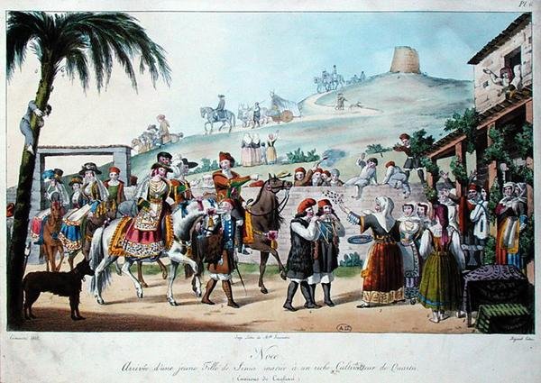 Bryllupsoptog i Cagliari-regionen i Italien, indgraveret af Bezard 1825 (farvet litho) af Cominotti Cominotti