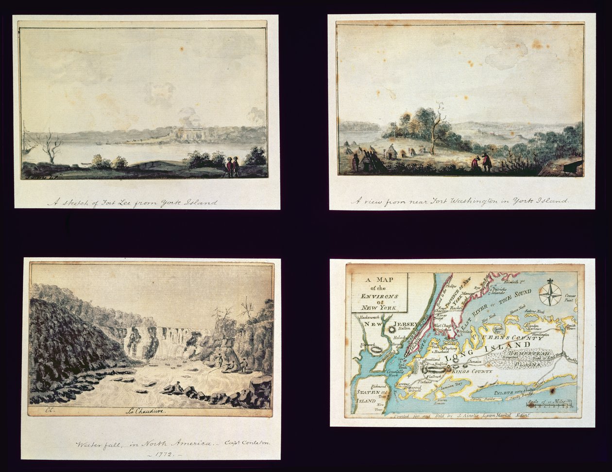 Nordamerikanske scener og et kort over New York, ca. 1772 af Conleton