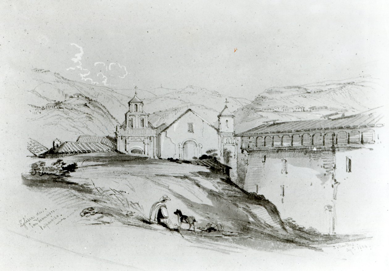 The Church of San Francisco, Valparaiso, 1834 (blyant og wc på papir) af Conrad Martens