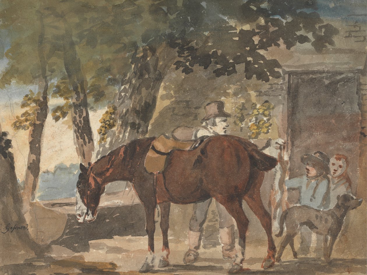 En hest, hund og figurer uden for et sommerhus af Conrad Gessner