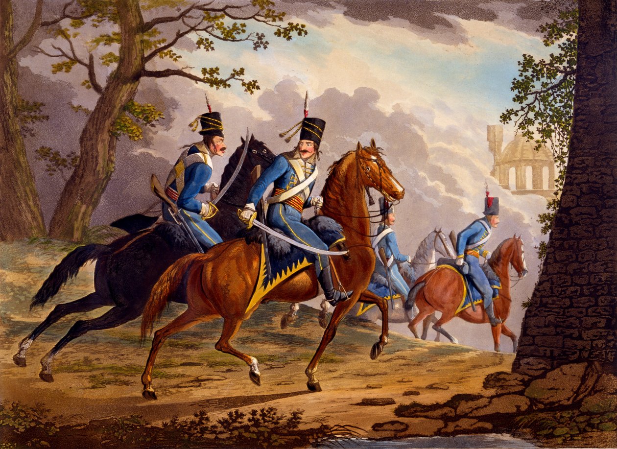 Østrigske husarer i jagten på fjenden, 1799 (håndfarvet akvatint) af Conrad Gessner