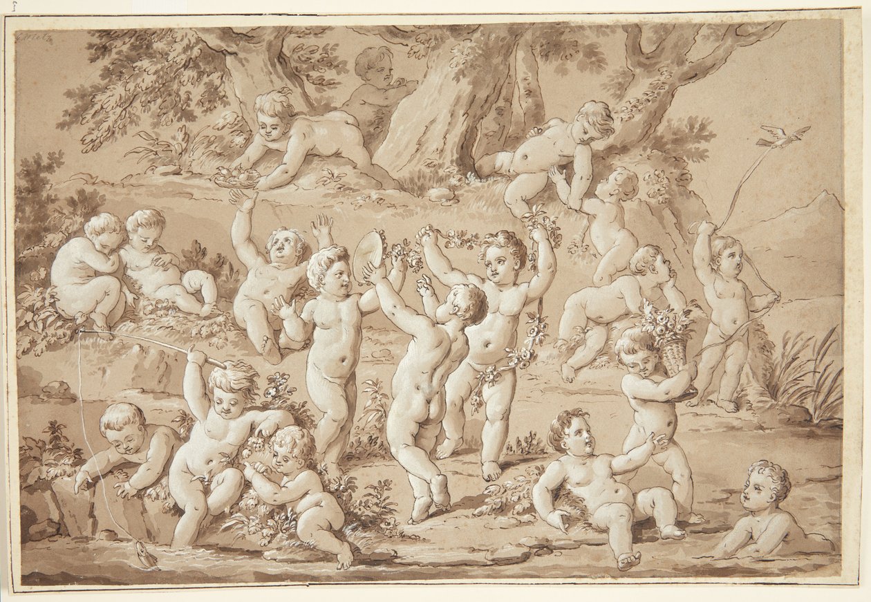 En stor gruppe Putti, der spiller tilfredse ved en strøm af Conrad Martin Metz