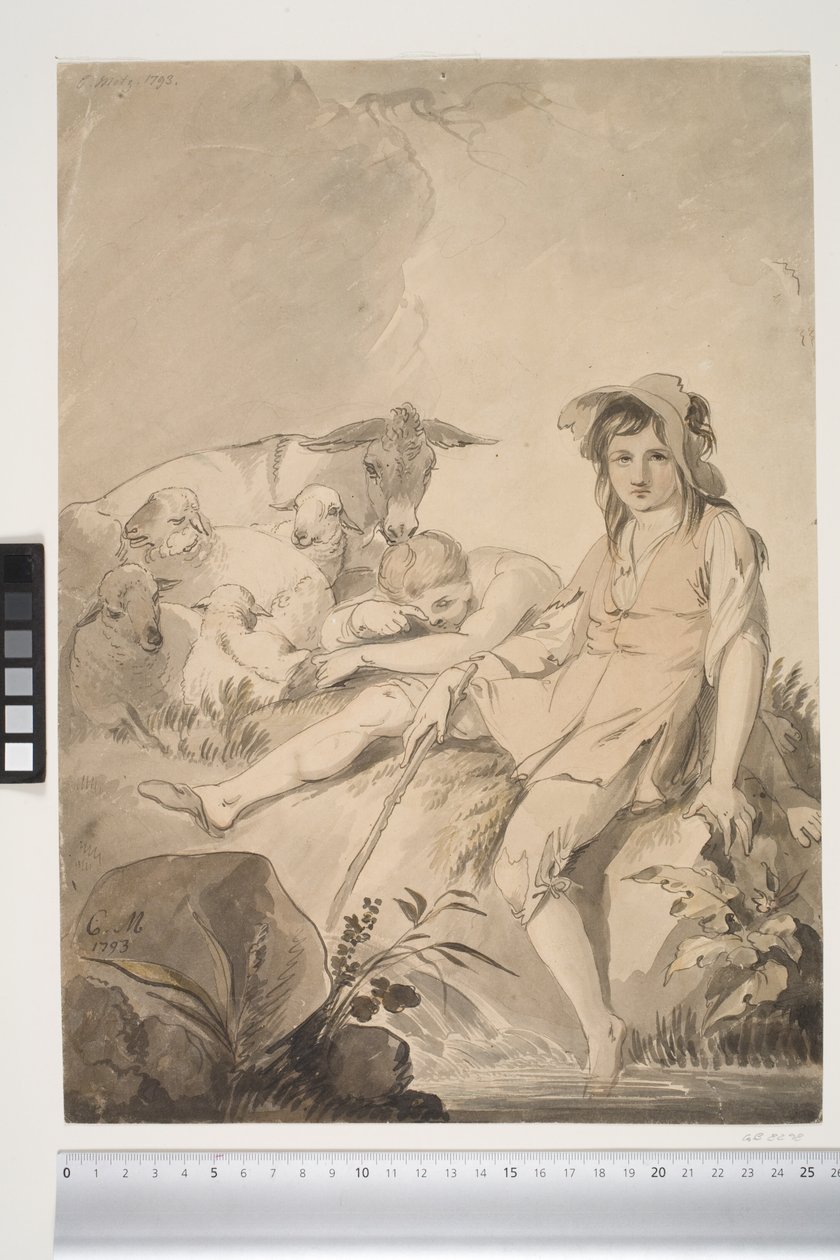 Pastoral scene med to børn og dyr af Conrad Martin Metz